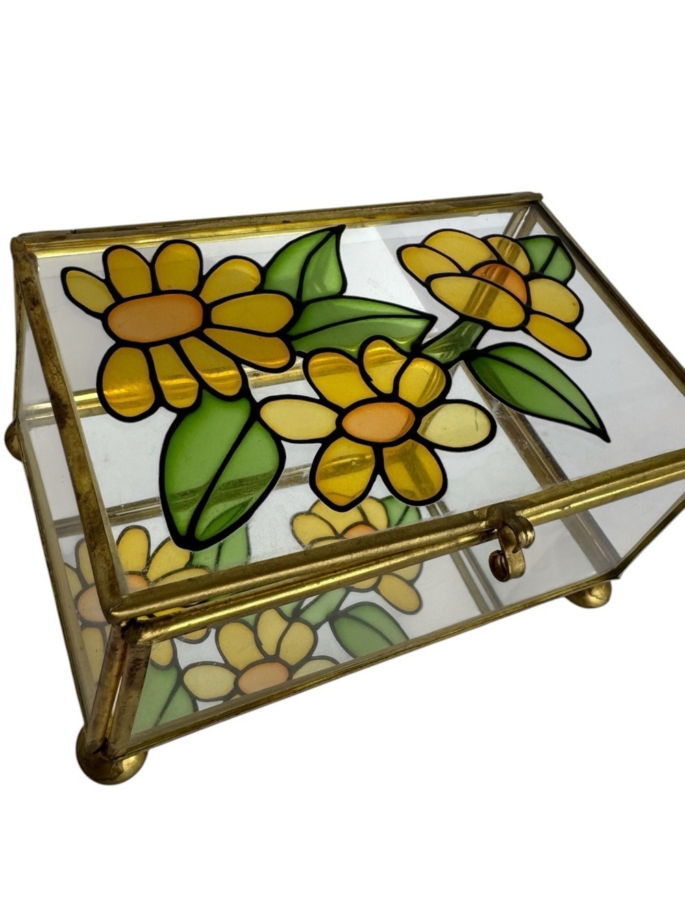 Vintage Brass Glass Floral Jewelry Trinket Box Stained Glass Style 60s Inspired